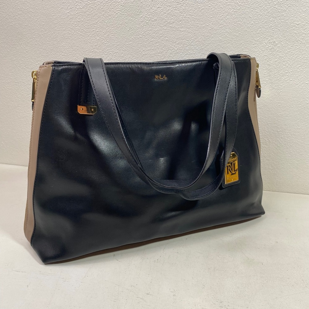 Lauren Ralph Lauren Black Tan Leather Expandable Tote Bag Gold Hardware RL Logo